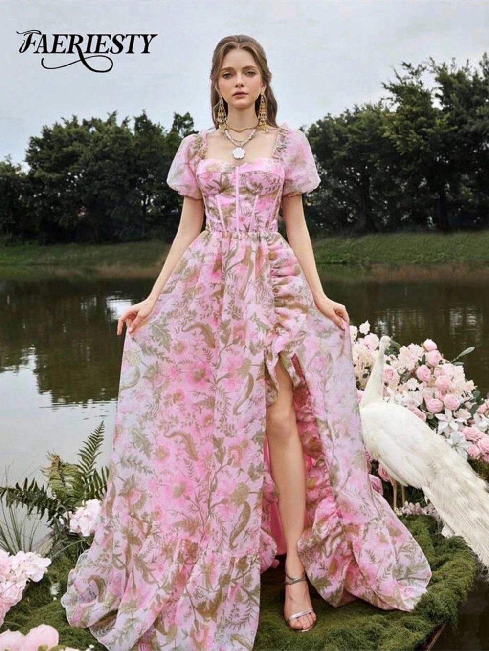 NWOT: Faeriesty Floral Puff Sleeve Maxi Dress in Pink, NEVER WORN.